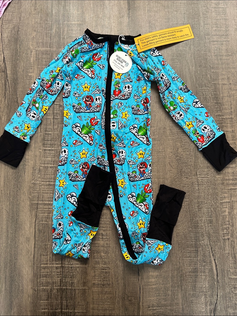 Blue Mario and Luigi -Print Kids Footed One-Piece Bamboo Pajama with Black Trim